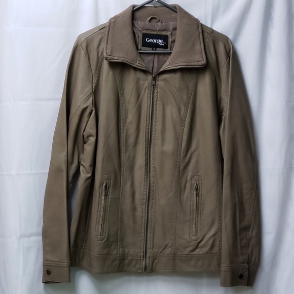 Ladies Beige  Faux Leather Lined Zippered Jacket With Ribbed Knit Collar - Picture 1 of 3